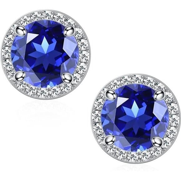 SEPTEMBER 18k White Gold Sapphire Birthstone Diamond Halo Stud Earrings S925 Gem - Picture 1 of 5